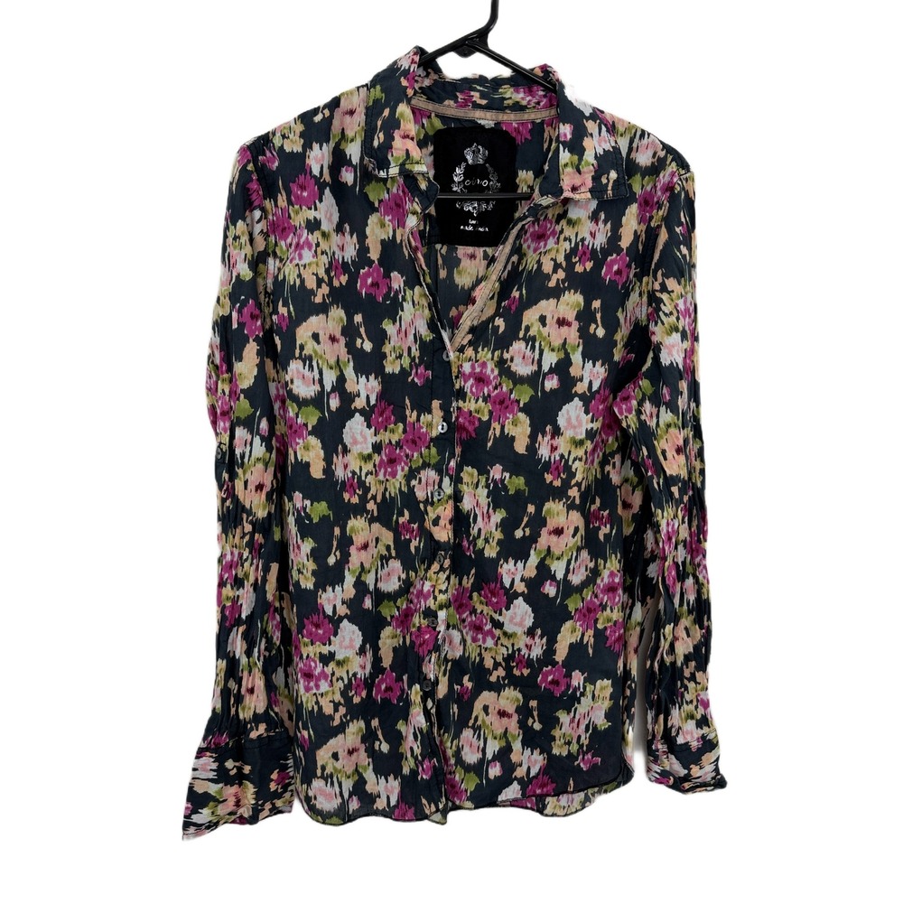 Cino Shirt Womens Large Black Floral Crinkle Cotton Roll Tab Button Up Boho